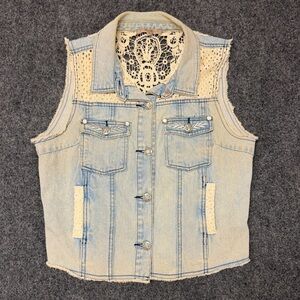 Vintage Y2K Miss Me Denim Patchwork Lace Back Vest Boho